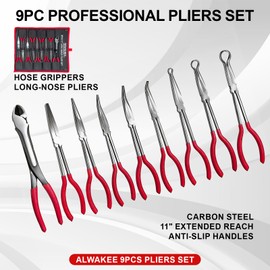 Alwalkee 9-Piece Long Reach Pliers Set, 11-Inch Carbon Steel Needle Nose Pliers for Engine Bay & DIY