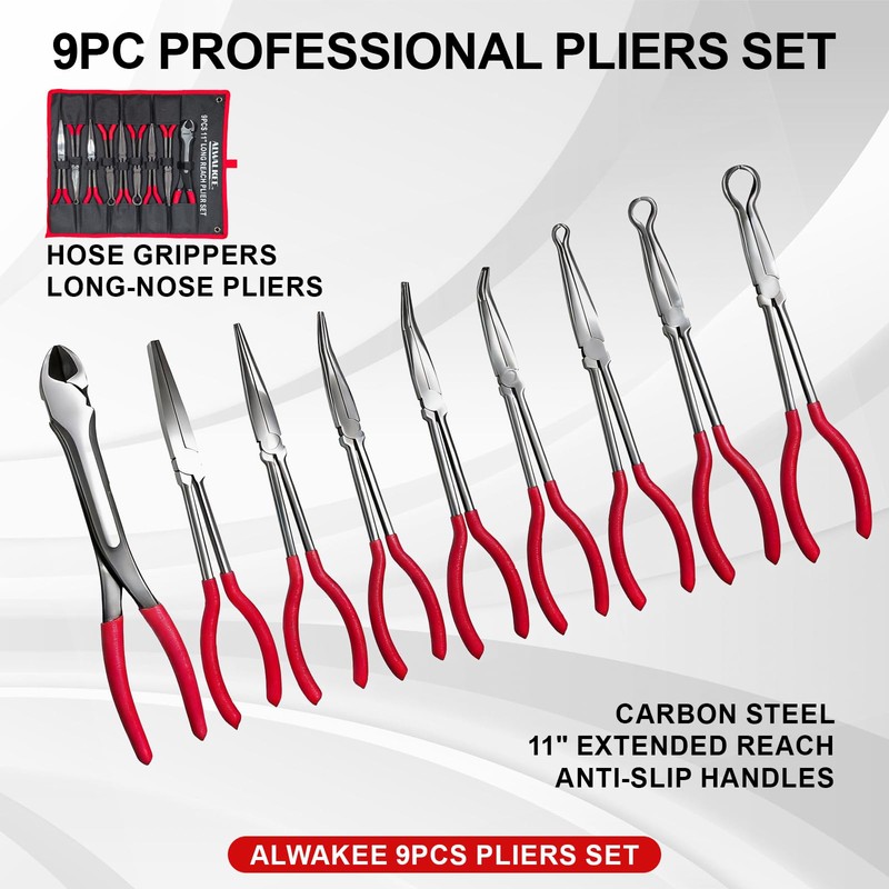 Alwalkee 9-Piece Long Reach Pliers Set, 11-Inch Carbon Steel Needle