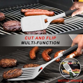 POTWIY Stainless Steel Grill Spatula with Serrated, Heavy Duty Large Metal Spatula Set for BBQ Grill and Griddle, Solid and Slotted Turner with Silicone Handle, Grill Tools Burgers Flipper Utensils