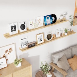 RICHFOCUS Picture Ledge Shelf, 72 inch Solid Wood Floating Shelves with Lip for Wall Storage, Nursery Book Shelves for Living Room Bathroom Bedroom Kitchen, Set of 2, Natural