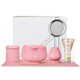 ZENS Pink Matcha Set, Matcha Whisk Set Includes 15oz Ceramic Bowl and Matcha Cup for Bamboo Whisk, (Chasen Holder), Scoop, Sifter and Tea Towel, 7pcs Matcha Kit for Matcha Lovers