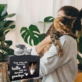 Wood Cat Urn Ashes, Wooden Black Urns for Ashes Pet Cremation Box Comes with Cat Angel with Photo Frame, Memorial Keepsake Memory Box Pet Cremation Keepsake Urns Dog Cat Memorial Gift