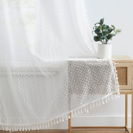 ZJDECOR Short White Boho Lace Sheer Curtains with Tassels,72 Inches Farmhouse Drapes for Living Room Bedroom,Vintage Geometric Pattern Window Treatment,Rod Pocket,40" Wx72 Lx2