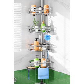 HAMITOR Shower Caddy Tension Pole: Rustproof Quick Install Corner Bathroom Organizer Shelf on Floor for Renters - 4-Tier Large Capacity Storage Rack with Soap Holder for Apartment -47-121 Inch/Silver
