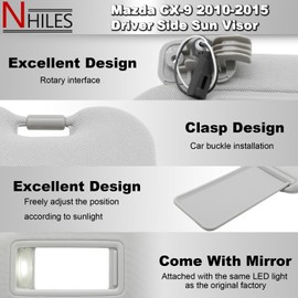 NHILES Left Driver Sun Visor Compatible with Mazda CX-9 2010-2015 Sun Visor Replacement Number TD11-69-320C-75 TD12-69-320C-75 Color:Gray
