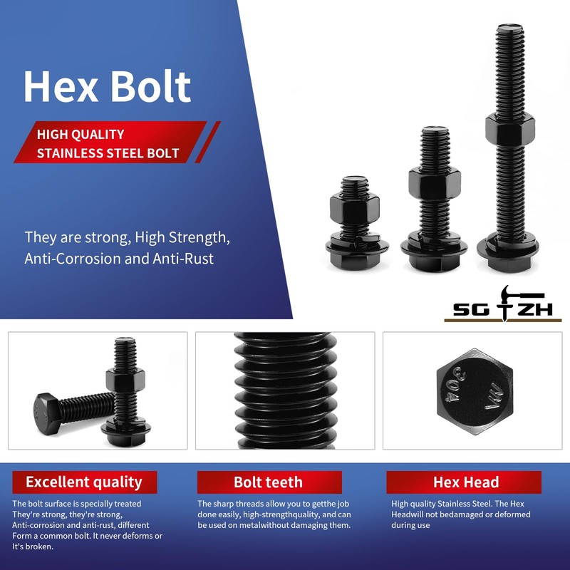 1/4-20 x 4 Hex Head Screw Bolt, Nuts, Flat &