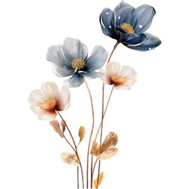 Gold Leaf Blue Flower Wall Decal PVC Wall Sticker Vintage Watercolor Floral Wall Art for Living Room Bedroom Home Decor