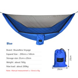 Boundless Voyage Ultralight Outdoor Travel Camping Hammock 2 Person with Mosquito Net Garden Hammock 200kg Load Capacity Include Hammock Straps Blue