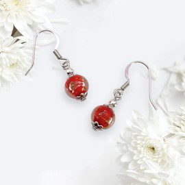 Murano Glass Earrings, Dropper Earrings, Murano Glass Bead Earrings, Handmade Glass Earrings, Dainty 0.8cm/8mm Diameter, Murano Glass Jewellery, Aventurine Glass Earrings (MGE10) (Red)