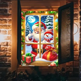 BlissYard Christmas Window Banner 31x47 Inch Santa Snowman Window Cover Xmas Wall Decor Holiday Hanging Backdrop Gift Boxes Snow Pine Branch Lights Winter Indoor Outdoor Party Decoration