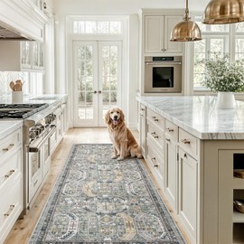 Madane Runner Rug 2'6''x8' Kitchen Runner, Hallway Runner Printed Vintage Washable Rugs Soft Non-Slip Low Pile 2.5x8 ft Runners for Hallways Laundry Room Rug Distressed Rug, Green/Gold