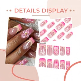 French Tip Press on Nails Medium Coffin Fake Nails with Embossed Flower Design Summer Floral Press on French Tip Nails Long Acrylic Nails Cute Glue on Nails 3D Hibiscus Stick on Nails for Women 24Pcs