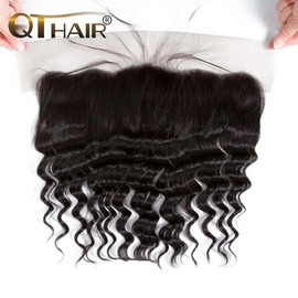 QTHAIR 12A Ear To Ear 13x4 Loose Deep Wave Frontal Closure Peruvian Hair(10",Natural Black) Peruvian Loose Deep Wave Frontal Closure Top Swiss Lace Frontal Closure With Baby Hair