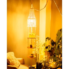 Macrame Lamp Shade and Hanging Plant Holder Shelf Indoor for Boho Bedroom Decor Plug in Pendant Light Hanging Light with Plug in Cord and Switch for Bohemian Office Corner Reading Light (Cream)