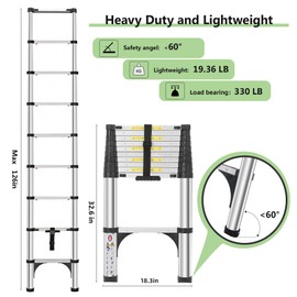 DEZEX Telescoping Ladders 10.5 FT Aluminum Ladder - One-Button Retraction Collapsible Extension Ladder for Home,RV,Attic & Loft, Lasts 330 LBS with 2 Triangle Stabilizers and 2 Detachable Hooks