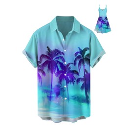 DRESSFO Matchable Couples' Outfit Blue Coconut Tree Print Men's Shirt (Men/Large/Light Green Men Shirt)