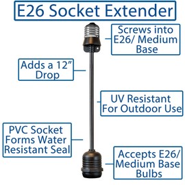 Novelty Lights E26 Medium Base 12 Inch Light Socket Extension Drop Cord, Commercial Grade for Outdoor String Lights, UV and Weather Resistant, Max 11 Watts, Black