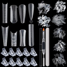 Dual Nail Form Kit, 480pcs Dual Forms for Polygel, Stiletto Coffin Ballerina Nail Extension Forms, 10pcs Nail Clips With Nail Gel Brush Pen Nail Files Buffer, Nail Extension Kit for Beginner