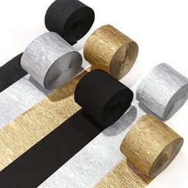 Crepe Paper Streamers 6 Rolls 492ft, Pack of Gold Silver and Black Party Streamers for Party Decorations, Birthday Decorations, Wedding Decorations