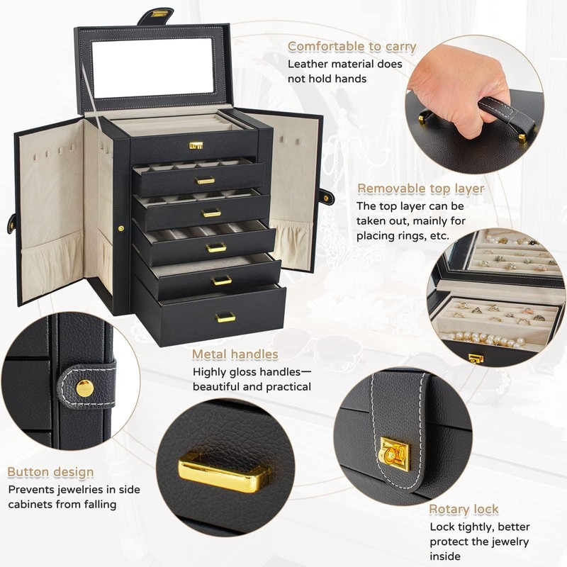 AKOZLIN Huge Jewelry Box Organizer Functional Lockable, Large Leather Jewelry