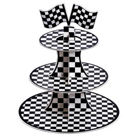 3-Tier Round Cardboard Cupcake Stand, Racing Car Theme Cardboard Cupcake Holder, Car Theme Dessert Display Stand Tower, Black and White Checkered Car Party Decorations Supplies