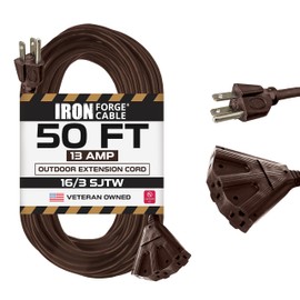 Iron Forge Cable 50 Ft Brown Outdoor Extension Cord with 3 Outlet Pigtail, 16/3 SJTW Weatherproof Multiple Outlets Electrical Cable with 3 Prong Grounded Plug, 13 Amp, US Veteran Owned Company