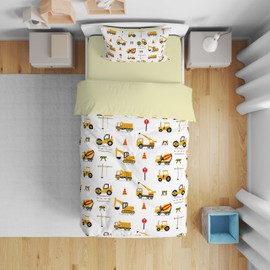 DJDEA Single Duvet Cover Cartoon Trucks Diggers Vehicles Cranes Pattern Kids Bedding Set for Boys Teens Children Duvet Cover Matching Pillowcase