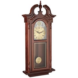 Bedford Clock Collection Grand Antique Chiming Wall Clock with Roman Numerals in a in a Cherry Oak Finish, 38" L