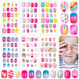 144 Pieces Fake Nails for Kids Girls Artificial Kids Press on Nails Full Cover Short Acrylic Stick On Nails False Nail Tips Kit for Children Little Girls Nail Art Decoration (pink style)