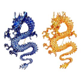Set of 2 Dragon Brooches Chinese Style Gold Dragon Brooch Pins and Blue Dragon Brooch Pins Animal Zodiac Brooch Breastpin for Men Shawl Clips Jacket Suit Backpacks Clothing Accessories