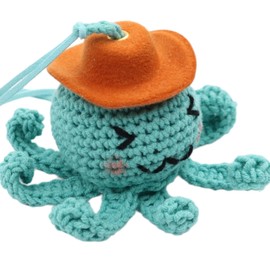 Henpon Octopus Car Mirror Hanger with Removable Orange Denim Hat - Hand-Crocheted Soft Cotton Blend, Light Teal Automotive Decor, Stress Reliever Gift for Road Trip Vibes