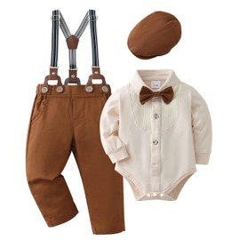 ZOEREA 4-Piece Baby Boys' Clothing Set, 0-18 Months, Christening Clothing, Romper with Bow Tie + Braces, Baby Clothing Sets, Gentleman Suit for Festive Wedding, beige