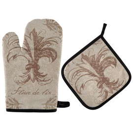 Aflyko Fat Tuesday Mardi Gras Classic Watercolor Fleur De Lis Retro Oven Mitt Pot Holder Festive Gift Set Heat Resistant Cooking Glove Kitchen Potholder for Grilling BBQ Bake Spring Present