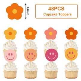 Whaline 48Pcs Groovy Flower and Smile Face Cupcake Topper Orange Pink Boho Cupcake Picks Colorful Food Picks for Retro Groovy Party Dessert Decor