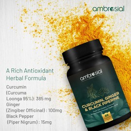 Ambrosial Curcumin Turmeric and Black Pepper Capsules with Ginger | Highly Effective Turmeric Capsules with Improved Absorption | 95% Curcuminoids for Joint Support (Pack of 1)