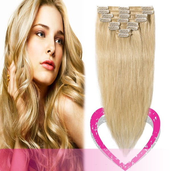 Hairro 100% Real Human Hair Clip in Hair Extensions 14 Inch Long #613 Bleach Blonde 60g Thin 8 Pcs 18 Clips Straight Clip on Human Hairpieces for Women Beauty