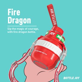 BOTTLE JOY Stainless-Steel Water Bottle: Kids Water Bottle,Leakproof Lid, Perfect Sip, Double Insulated, Eco-Friendly, Dishwasher Safe & Stylish Strap, Gifts for Kids (Fire Dragon, 16 oz)