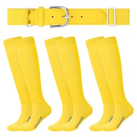 Baseball or Softball Sock and Belt Combo Set 3 Football Baseball Socks with Baseball Belt for Kids Boys Girls Youth (Yellow,Small)