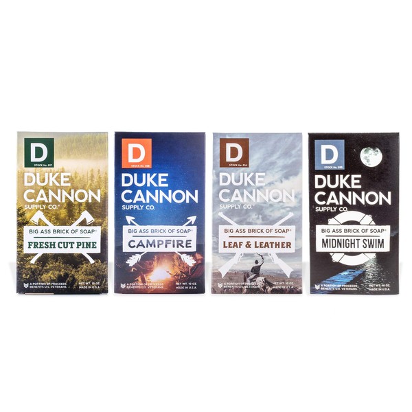 Duke Cannon Supply Co. Big Ass Brick of Soap Bar for Men The Frontier 40 (Leaf+Leather, Fresh Cut Pine, Campfire, Midnight Swim) Variety-Pack- Extra Large Masculine Scents, 10 oz (Variety 4 Pack)
