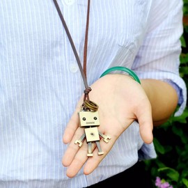 Notomo Presence Tin Robo Motif Leather Necklace Leather Cord Unisex Design Plate Engraved Ring Adjustable Length Robot Necklace