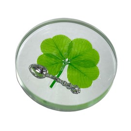 Real Four Leaf Clover Good Luck Pocket Token, Preserved, 1.25”, Including Metal Object (Silver Spoon)