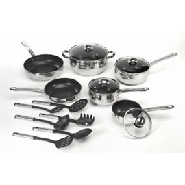 18 Piece 18/10 Belly Shaped Cookware Set w/ Encapsulated Base & Nonstick coating