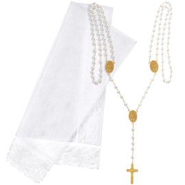 Loetere 2 Pcs Veil and Cord for Wedding Filipino Lazo Para Boda Wedding Lasso Rosary for Ceremony Catholic Mexico Bridal Gift, 39.3 x 59 inches/ 100 x 150 cm, Lace, Pearl
