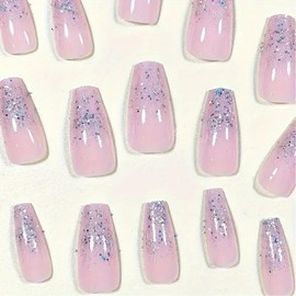 Thick forest Uñas Postizas Francesas Con Brillo, Estilo Bailarina, De Longitud Media, Cobertura Total, Acrílicas, Color Rosa, Reutilizables, Kit De Manicura Para Mujer (24 Unidades)