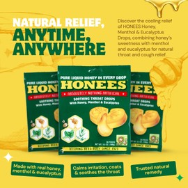Honees Filled Menthol Cough Drops, Honey, Menthol & Eucalyptus Cough Drops- Natural Sore Throat Relief - Nothing Artificial -Throat Lozenges, Non-GMO (2 Pack –40 Drops)