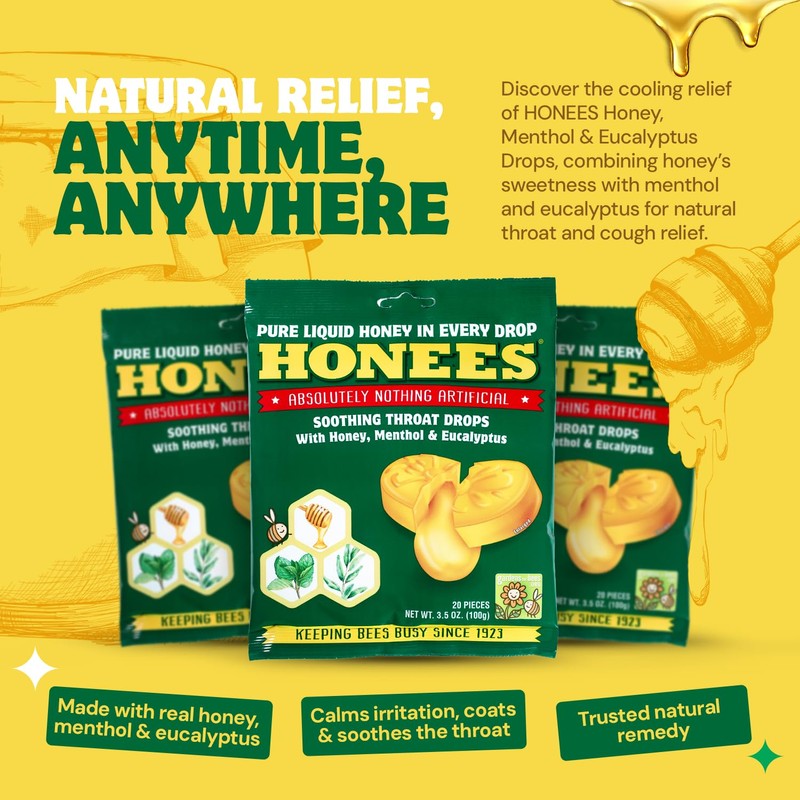 Honees Filled Menthol Cough Drops, Honey, Menthol & Eucalyptus Cough