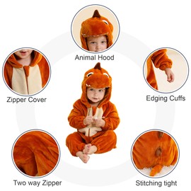 COOKY.D Baby Flannel Cartoon Hooded Romper Zipper Toddler Playsuits Outfits Infant Boys Girls Jumpsuit,Orange Dinosaur 0-6 Months