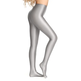 SOFSOT Opaque Shiny Tights Plus Size Wet Look Foot Shiny Tights Pilates Yoga Pants High Waist, silver, L