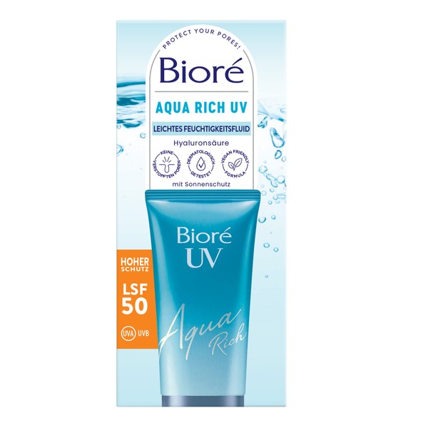 Biore Aqua Rich UV - Light Moisturising Fluid for the Face - Sun Protection - SPF 50 - UVA/UVB - Works under Makeup - Non-Greasy