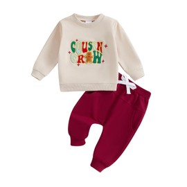 Toddler Baby Boys Christmas Outfits Gingerbread Man Cousin Crew Embroidery Jumper Long Sleeve Sweatshirts Pants 2pcs Set Unisex Tracksuit Newborn Xmas (Khaki, 12-18 Months)